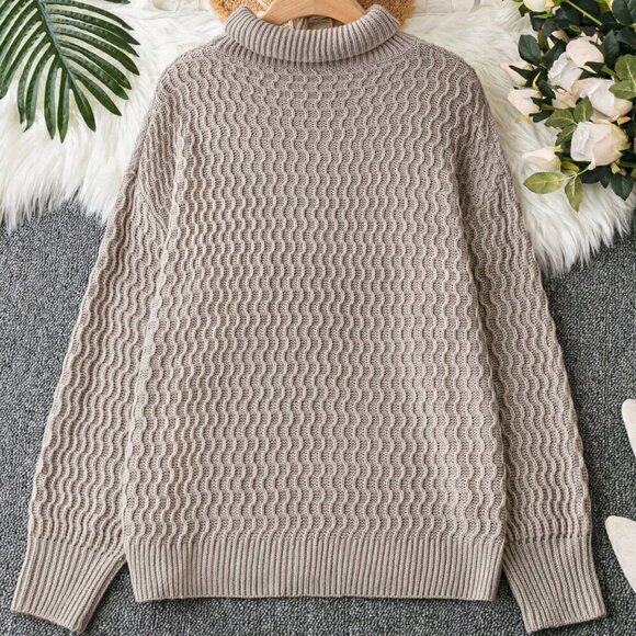 Mocha Brown Casual Womens Turtleneck Drop Shoulder Sweater - Picture 2 of 5